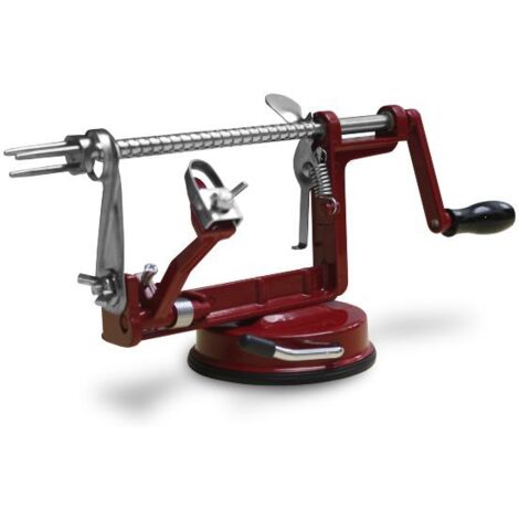 Pèle-pomme en métal avec ventouse – Épluche, vide et coupe en tranches – Pour pommes, poires et pommes de terre – Coloris rouge bordeaux – Baumalu