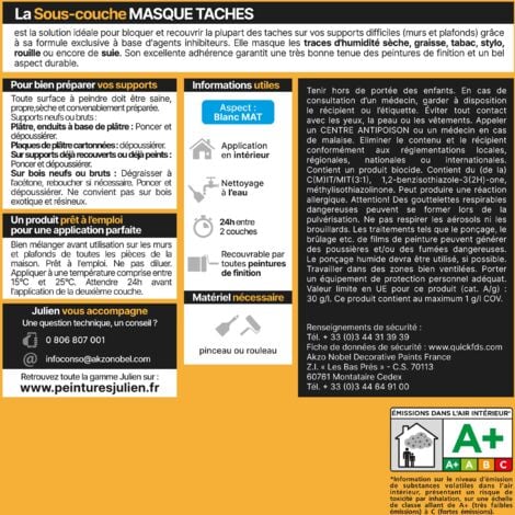 Sous-Couche Masque Taches - Pour fonds anciens, difficiles, abîmés, tachés - Mat Blanc 0,5L - Julien