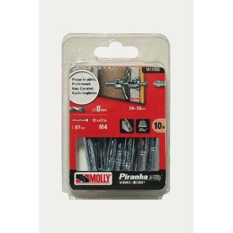 Lot de 10 chevilles métalliques à expansion Ø 8 x 59 mm – Pour cloison sèche et brique creuse – Charge jusqu'à 25 kg – Molly - M14306-XJ