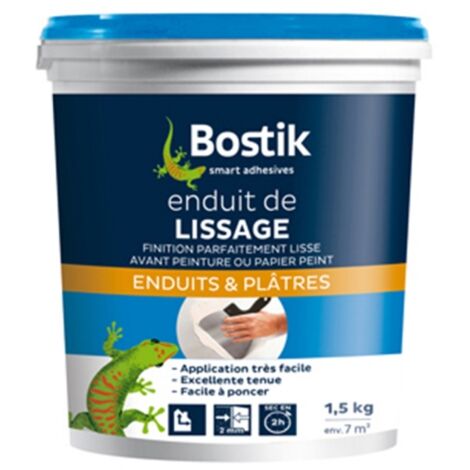 Bostik – Enduit de lissage blanc 1,5 kg – Pour murs et plafonds – Épaisseur jusqu'à 2 mm – Application facile et ponçage rapide