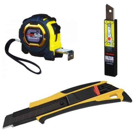 Tajima – Mètre déroulant 5m G LOCK – Cutter QUICK BACK 18mm – 10 lames Razar Black – Antichoc, graduation verticale, pour mesures précises