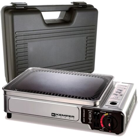 Kemper – Plancha à gaz portable 2 brûleurs 2300W – Surface de cuisson 34x25cm – Allumage piézoélectrique – Mallette de transport incluse