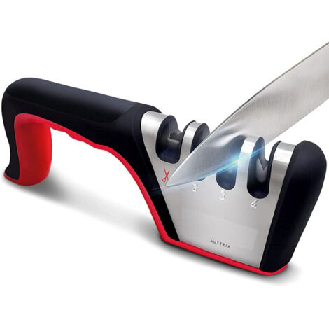 Affilacoltelli professionale, affilacoltelli da cucina 4 in 1 con base antiscivolo, affilacoltelli per coltelli e forbici, affilacoltelli manuale (nero e rosso) (1/4)