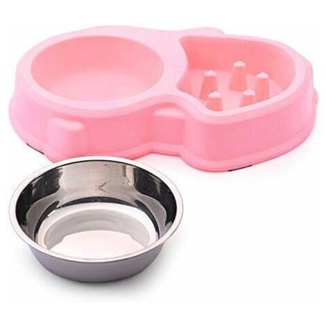 Set di ciotole doppie per cibo e acqua con 1 ciotola in acciaio inossidabile e 1 ciotola per alimentazione lenta per gatti e cani di piccola taglia (rosa) (1/4)