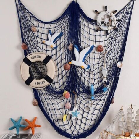 Rete da pesca in corda di canapa mediterranea - Decorazione murale - 1 x 2 m - Blu con conchiglie