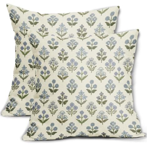 Set di 2 federe per cuscini con stampa a blocchi blu-verdi 45 x 45 cm, stile floreale primaverile vintage, stile bohémien, decorazione rustica, ideali per un divano o un letto.