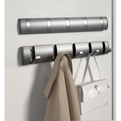 Robusto appendiabiti da parete in alluminio con 5 ganci retrattili per appendere vestiti, cappelli, borse e chiavi – Grigio (1/4)
