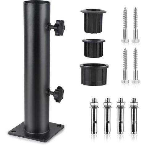 Base per ombrellone, tubo per ombrellone, supporto per ombrellone regolabile in metallo con 3 anelli di riduzione in PVC (32/38/48 mm), tubo di base per ombrellone con 8 chiodi in acciaio, nero
