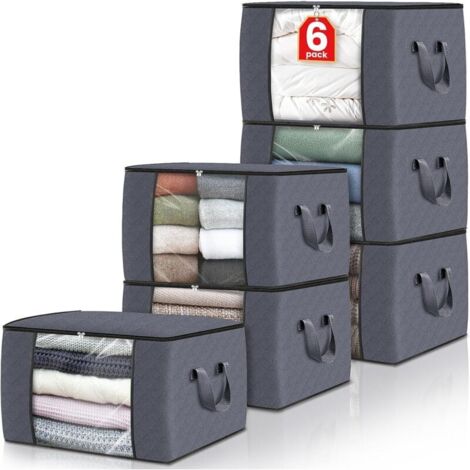 Set di 6 sacchi portaoggetti pieghevoli in tessuto spesso per vestiti, coperte, per organizzare la camera da letto, l'armadio, i vestiti e il piumone, colore grigio. (1/4)