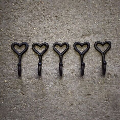 Set di 5 ganci da parete a forma di cuore in ghisa nera, stile vintage, appendiabiti rustico da parete per casa o giardino. (1/4)