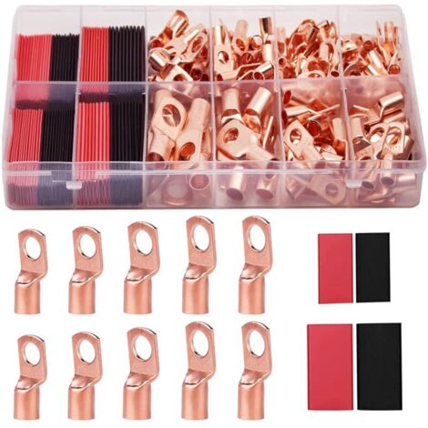 Kit di 160 terminali per cavi in rame AWG2, 4, 6, 8, 10, 12 con guaina termorestringente, 80 puntalini per cavi batteria, terminali ad anello, connettori e tubi.