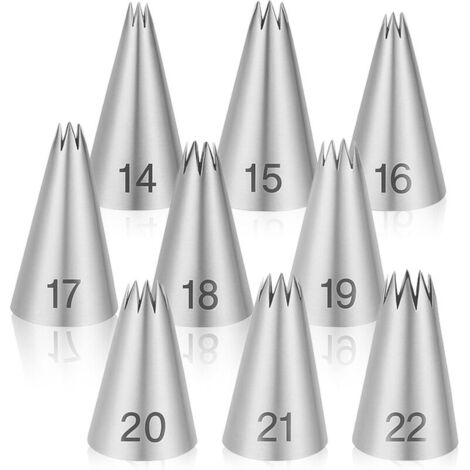 Set di 9 bocchette per decorare torte in acciaio inox a forma di stella, misure da 14 a 22 (1/4)