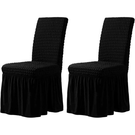 Coprisedie elasticizzati per sala da pranzo, in tessuto seersucker elasticizzato con gonna, ideali per cerimonie nuziali in hotel - Nero - Set da 2