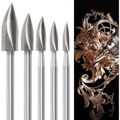Set di punte per intaglio del legno per utensili rotanti, 5 punte per intaglio del legno con gambo da 1/8 di pollice per fai da te, lavorazione del legno, incisione, intaglio, foratura e levigatura