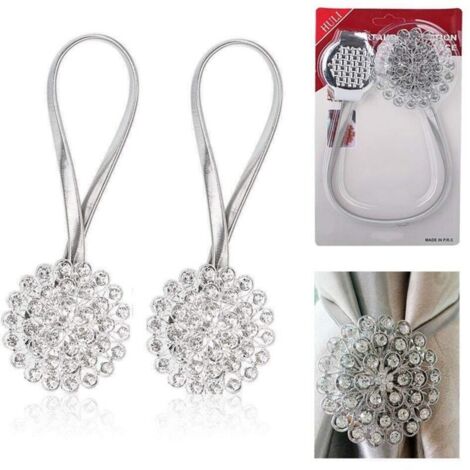 Set di 2 fermatende magnetici in cristallo - Fermagli a forma di fiore e diamante - Con cordino elastico - Decorazione per la casa o l'ufficio (gypsophila argentata)