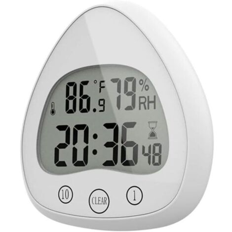 Orologio digitale da parete per bagno, doccia, silenzioso, timer da cucina, super impermeabile e antipolvere con gancio a ventosa, indicatore di temperatura e umidità (bianco)