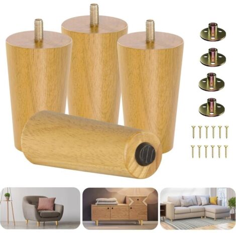 Set di 4 robuste gambe rotonde in legno massello da 10 cm con livellatori, piedini di ricambio per mobili, divani, cassettiere e pouf.