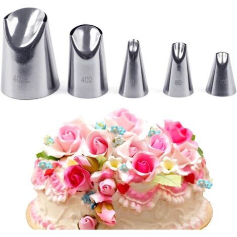 Sac à poche a forma di rosa, set di 5 bocchette in acciaio inox per decorare torte, crostate, biscotti, caramelle, cupcake e pasticcini. (1/3)