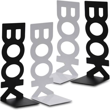 Fermalibri in metallo, 2 paia, ideali per scaffali di uffici, scuole, soggiorni, librerie e biblioteche (bianco e nero)