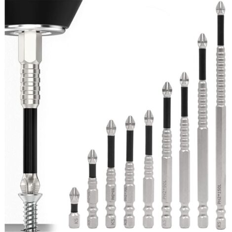 Set di 9 potenti punte magnetiche per trapano, punte universali antiscivolo da 25 a 150 mm per avvitatori elettrici/manuali, punte magnetiche resistenti e durevoli per un fissaggio sicuro.