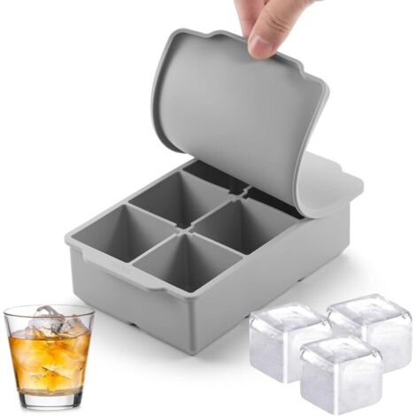 Vaschetta per cubetti di ghiaccio grande con coperchio, stampo quadrato impilabile in silicone per cubetti di ghiaccio, ideale per cocktail a base di whisky, zuppe al bourbon e dessert surgelati, faci (1/4)