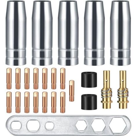 25 punte di contatto per ugelli di saldatura, supporto per connettore gas, accessori per saldatura adatti per AK-15/MB-15, 5 ugelli per gas, 15 ugelli elettrici M6 da 0,8 mm, 2 impugnature per ugelli, (1/4)
