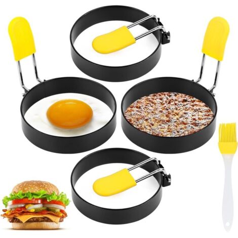 Set di 4 stampi per uova antiaderenti, rotondi e piatti con manico, in acciaio, per cucinare uova fritte. (1/4)