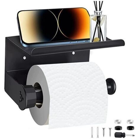 Portarotolo di carta igienica da parete con mensola, portarotolo adesivo per bagno, non richiede foratura, dispenser di carta igienica - Nero opaco (1/4)