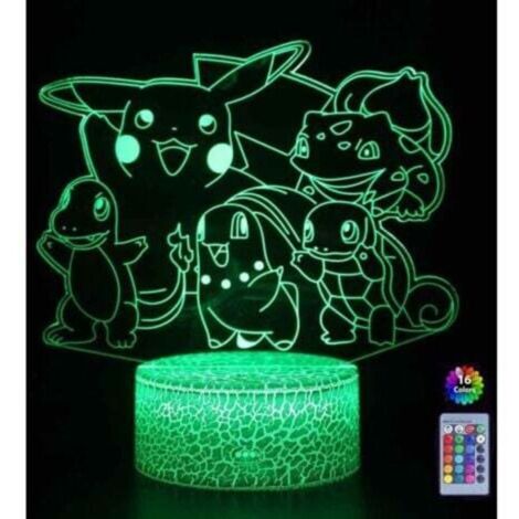 Lampada notturna 3D Pokémon Pikachu, lampada da comodino a LED con telecomando, 16 colori variabili, spina USB. (1/4)