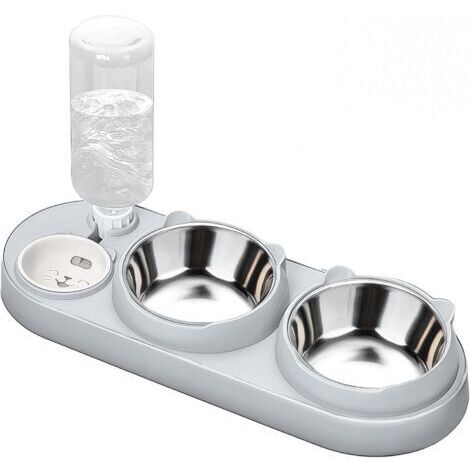Ciotola 3 in 1 per cibo e acqua per gatti, con dispenser d'acqua e ciotole in acciaio inox, inclinazione di 15°, tre ciotole rialzate per gatti e cani da interno.