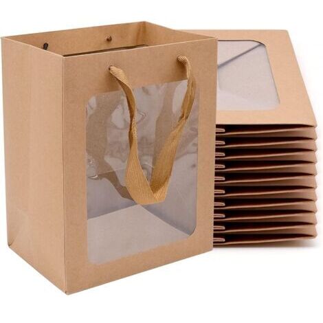 10 pezzi di sacchetti di carta kraft, scatole regalo di carta kraft, sacchetti regalo con manici, sacchetti regalo con finestra per compleanni, matrimoni, feste del tè e celebrazioni.