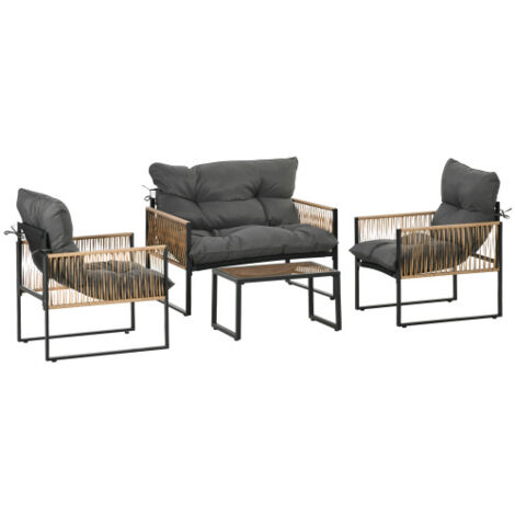 Outsunny Ensemble de mobilier de jardin 4 pièces en résine tressée avec coussins – Salon de jardin : 1 table basse en verre, 2 fauteuils, 1 canapé 2 places – Salon élégant (1/5)