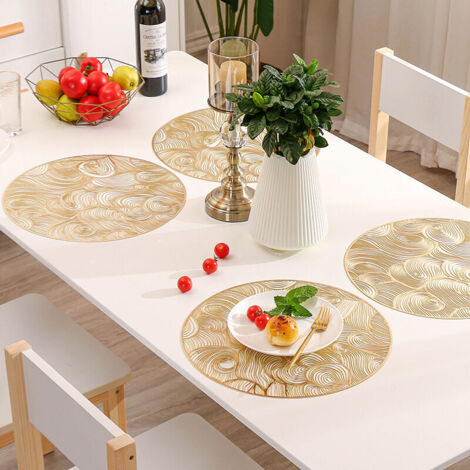 Set mit 6 runden goldenen Platzsets, goldenen PVC-Platzsets, hohlen Platzsets, gepressten Vinyl-Platzsets, hitzebeständigen, rutschfesten Platzsets für Hochzeiten, waschbaren Platzsets
