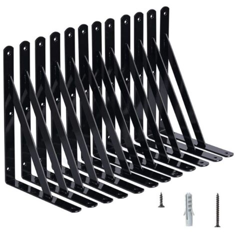 Wandregalhalterungen, 10 Stück 90-Grad-Dreieckstahlhalterungen, 150 mm x 95 mm Regalhalterungen, Eckverstrebung mit 50 Schrauben und 20 Dübeln (Schwarz) (1/4)