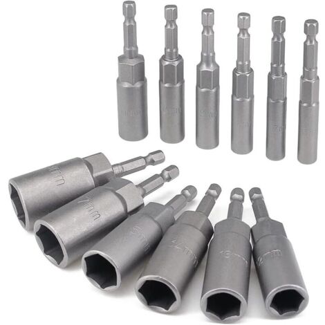 Set mit 12 Tiefbett-Steckschlüsseln von 6 bis 19 mm, 6,35-mm-Sechskant-Schraubendreherbits, Schlagschrauber mit langem Schaft, Bolzenausdreher, Steckschlüssel für Elektrowerkzeuge mit Schnellwechselan (1/4)