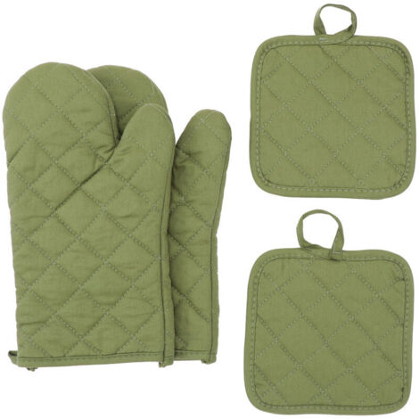 Set aus 4 Ofenhandschuhen und Topflappen, hitzebeständig bis 500 Grad, extra dick, aus Baumwolle, für die Küche (30,5 cm, grün) (1/4)