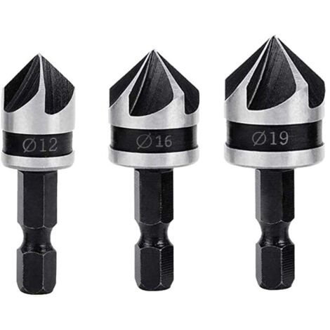 3-teiliges Set 90°-Fasenfräser, 5-schneidiger Kegelfräser für Walnussholz (12 mm/16 mm/19 mm), 1/4"-Sechskantbohrer für Holzbearbeitung, Fasenfräser aus Kohlenstoffstahl (1/4)