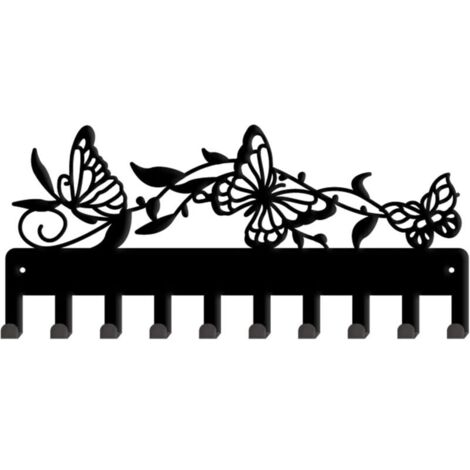 Schmetterlingsförmiger, wandmontierter Schlüsselhalter mit 10 Haken, schwarzem Rankenmuster, aus Eisen, dekorativer Organizer für Taschen, Kleidung und Schlüssel. (1/4)