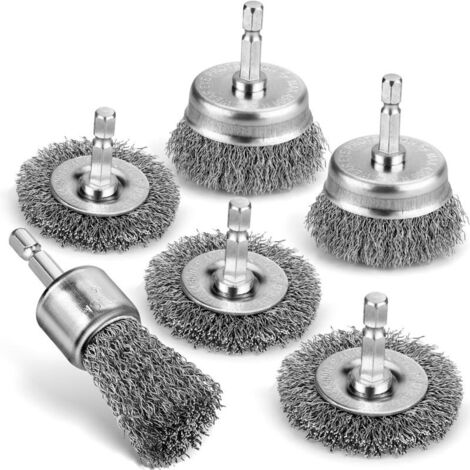 Set aus 6 professionellen Drahtbürsten aus Kohlenstoffstahl für Bohrmaschinen, Topfbürsten zur Rostentfernung, Bohrmaschinenzubehör mit 6,35 mm Sechskantschaft.