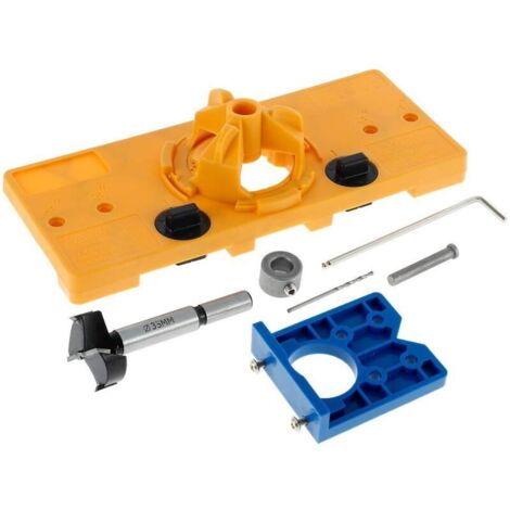 Bohrschablone für 35-mm-Verdeckscharniere mit 35-mm-Bohrer, Tiefenanschlag und Sechskantschlüssel für die Holzbearbeitung (gelb) (1/4)