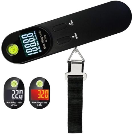 Tragbare digitale Gepäckwaage mit Haken, integrierter Wasserwaage, praktisches Reise-Gadget, Tara-Funktion bis 50 kg, schwarz (1/4)
