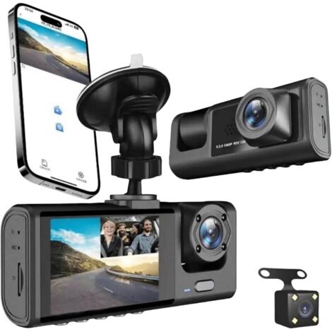 Hochauflösende 1080p-Dashcam, 3-Linsen-Fahrrekorder, Wi-Fi-App-Steuerung, Weitwinkelaufnahmen vorne, hinten und im Fahrzeuginneren. (1/4)