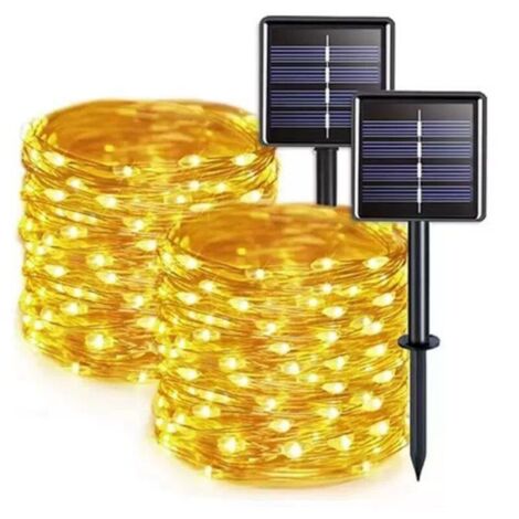 Set mit 2 Solar-Lichterketten für den Außenbereich, je 12 Meter lang, 100 LEDs, wasserdichter Kupferdraht und 8 Modi, blinkende Solar-Lichter für Garten, Hochzeit, Zaun (warmweiß) (1/4)