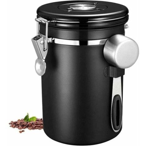 Tigrezy Vorratsdose, luftdichter Edelstahl-Küchenbehälter mit Datumsanzeige und Messlöffel für Kaffeepulver, Bohnen, Mehl, Müsli, Zucker, 1,8 l, Schwarz (1/4)