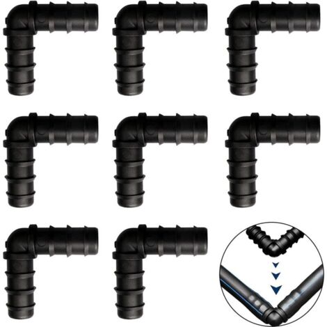 Set mit 8 13-mm-(1/2-Zoll)-Gartenverbindern mit Widerhaken, 90°-Kunststoffwinkel für Tropfbewässerungsschläuche (1/4)