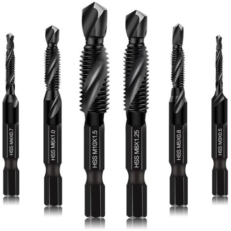6-teiliges Set aus Kombi-Bohrern und -Gewindebohrern – Gewindeschneidwerkzeug – Größen M3 x 0,5, M4 x 0,7, M5 x 0,8, M6 x 1,0, M8 x 1,25, M10 x 1,5 mit schwarzer, rostbeständiger Beschichtung, 6-mm-Se (1/4)