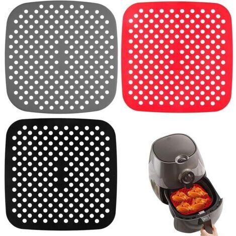 3-teiliges Set Airfryer-Matten, quadratische Silikon-Kochmatten für Airfryer, wiederverwendbare Dampfgarmatten für Airfryer, perforiert (1/5)