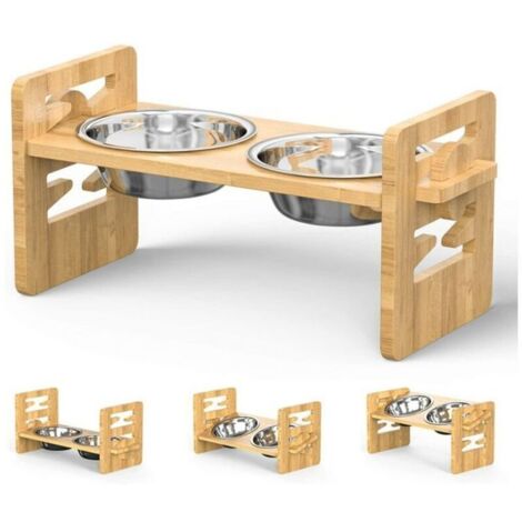 Erhöhte Bambusnäpfe für kleine und mittelgroße Hunde und Katzen, verstellbarer Bambus-Futterautomat für Haustiere, Set mit erhöhten Näpfen und 2 Edelstahlnäpfen