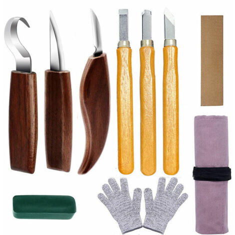 12-teiliges Holzschnitzwerkzeug-Set mit Hakenmesser, Holzbearbeitungsmesser, Schnitzmesser, Schrägmesser und Löffelmesser für Anfänger, Kinder und professionelle Schnitzer (1/4)