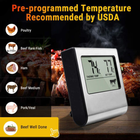 ThermoPro TP-16 Großes LCD-Digitalthermometer mit Uhr und Timer für Küche, Grill und Smoker mit Edelstahlsonde